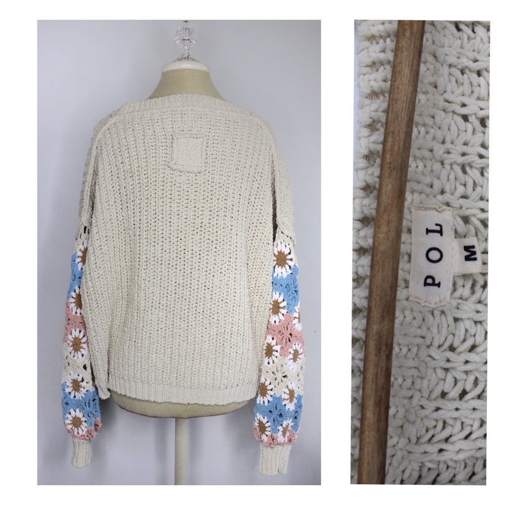 POL EUC Beige Chenille Oversized Granny Square Crochet Sleeves Sweater Medium - Picture 7 of 13